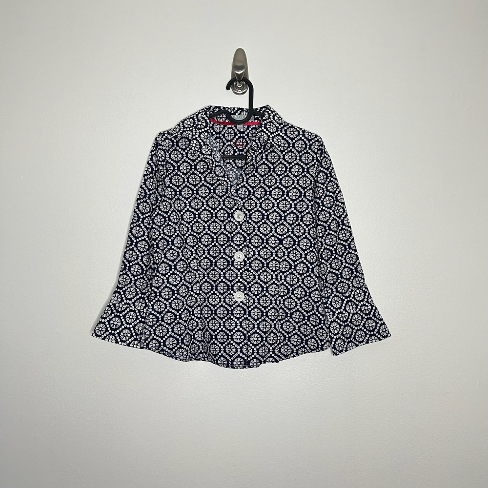 Foxcroft Wrinkle Free Fitted Shirt Navy Blue White Floral Geometric Cotton 0P